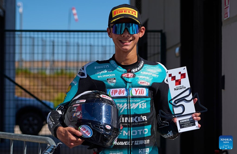 CFMOTO Aspar's rider Sun Shengbo of China poses after winning the race 1 of the ESBK Talent category at the 2026 Spanish Superbike Championship Navarra in Navarra, Spain, Sept. 19, 2026. Photo: Xinhua