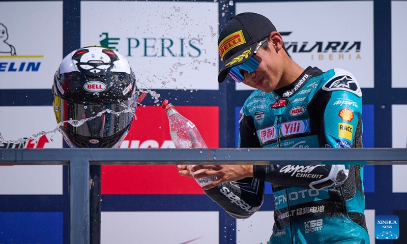 CFMOTO Aspar's rider Sun Shengbo of China celebrates at the podium after winning the race 1 of the ESBK Talent category at the 2026 Spanish Superbike Championship Navarra in Navarra, Spain, Sept. 19, 2026. Photo: Xinhua