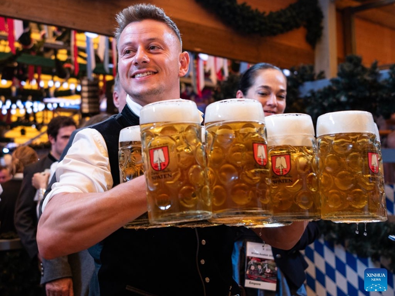A staff member carries cups of beer at the Oktoberfest in Munich, Germany, Sept. 19, 2026. The 191st Oktoberfest, one of the largest folk festivals in Germany, opened on Saturday in Munich, with mayor Dominik Krause tapping the first barrel of beer as a tradition. This year's festival will last until Oct. 4. Photo: Xinhua