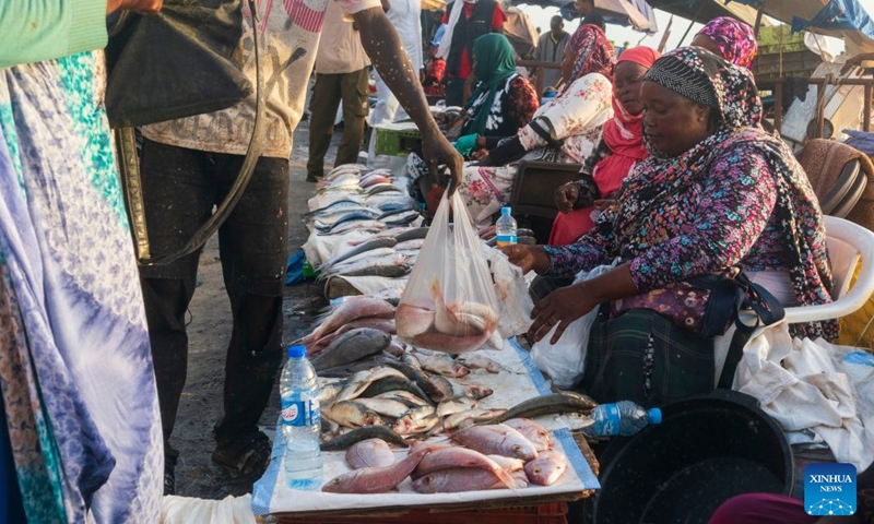 People buy fish at a stall at the Nouakchott Fishing Port in Nouakchott, Mauritania, Sept. 20, 2026. The Nouakchott Fishing Port, located on the Atlantic coast, is an important fishing hub in Mauritania. The port is known for its rows of traditional wooden pirogues and is a popular gathering place for local residents. (Xinhua/Xie Jianfei)
