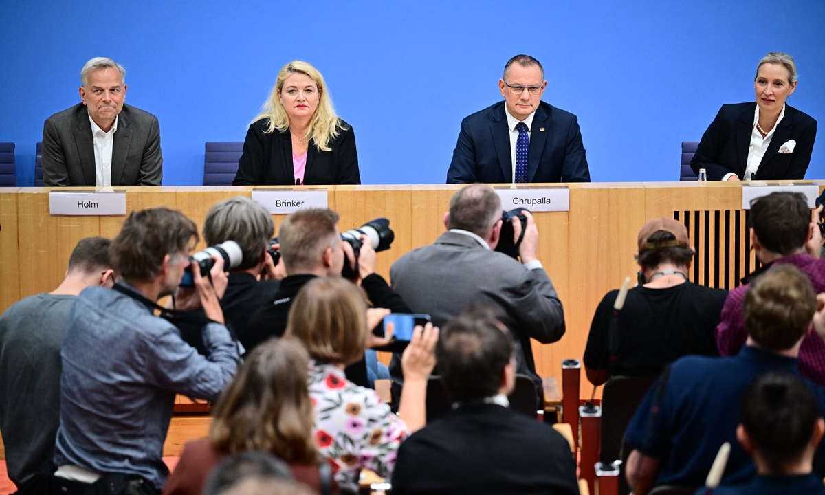 Leif-Erik Holm, Germany's Alternative for Germany (AfD) candidate for the office of Minister-President of Mecklenburg-Western Pomerania, Kristin Brinker, the AfD's top candidate for Berlin, as well as AfD chairpersons Tino Chrupalla and Alice Weidel, are seated at the Federal Press Conference on September 21, 2026, after state legislative elections were held in Mecklenburg-Western Pomerania and Berlin on Sunday. Photo: VCG