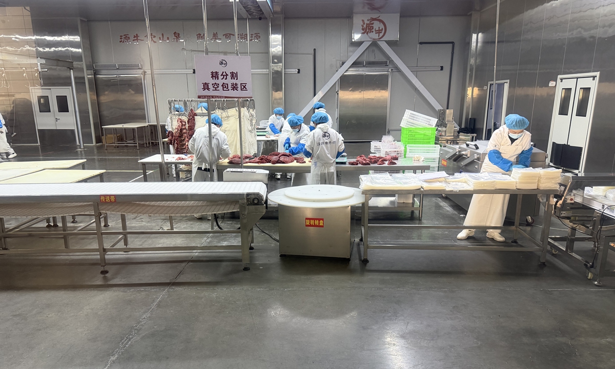 Workers in dust-proof clothing and caps cut and vacuum-pack fresh beef at an agricultural and animal husbandry technology company's processing workshop in Guyuan, Northwest China's Ningxia Hui Autonomous Region. Photo: Shen Sheng/GT