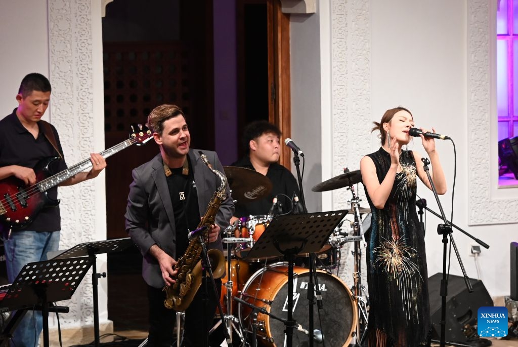 A jazz concert celebrating the Mid-Autumn Festival is held in Rabat, Morocco, Sept. 20, 2026. The concert was held by China Cultural Center in Rabat. A jazz band from the Sichuan Conservatory of Music presented a performance blending elements of Chinese music with traditional jazz. (Photo by Aissa/Xinhua)