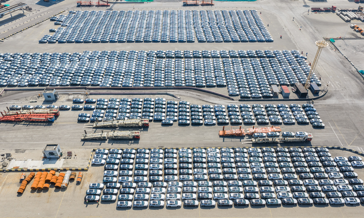 New-energy vehicles are ready for export at the Toumen Port roll-on, roll-off terminal in Linhai, East China's Zhejiang Province, on September 22, 2026. In the first eight months, China's total auto exports reached 7.153 million units, up 66.7 percent year-on-year, according to the China Association of Automobile Manufacturers. Photo: VCG