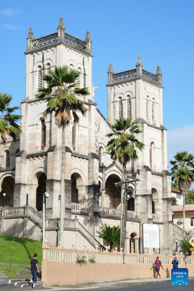 This photo taken on Sept. 21, 2026 shows a view of the Sacred Heart Cathedral in Suva, Fiji. Located on the southeastern coast of Fiji's main island, Suva is the country's capital, major port and the most populous city. It serves as a key regional hub of the South Pacific for transportation, governance and diplomacy, as well as a prominent center for culture and education. (Xinhua/Bai Yongquan)