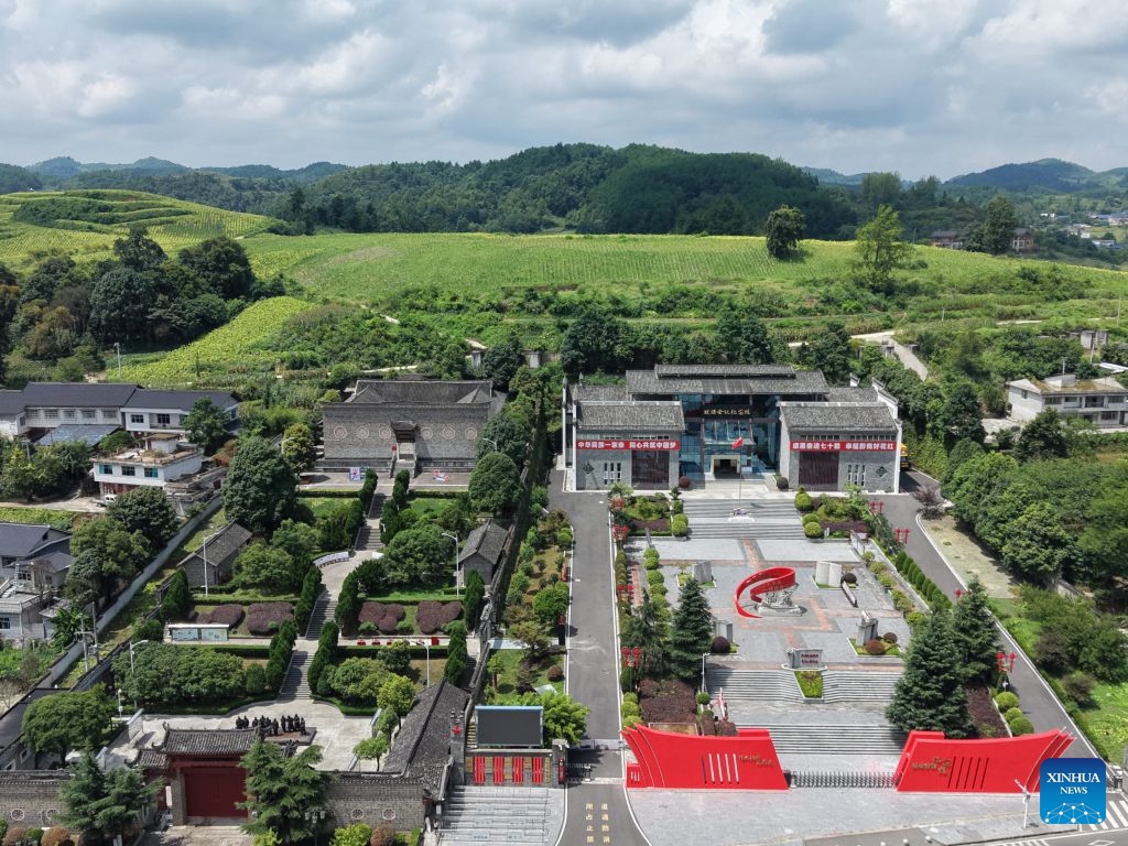 A drone photo shows the site and memorial hall of Houchang Meeting in Houchang Town of Weng'an County, southwest China's Guizhou Province, Aug. 8, 2026. This year marks the 90th anniversary of the victory of the Long March. Guizhou, where the Red Army regrouped and thrived during its most challenging times, has harnessed the Long March spirit to drive its development. (Photo: Xinhua)