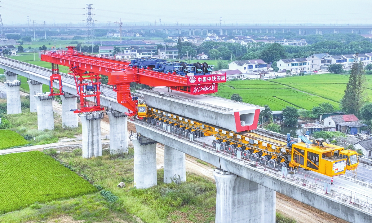 Construction is underway on the Tongsu-Jiayong high-speed railway in Zhangjiagang, East China's Jiangsu Province, on September 23, 2026, with large bridge-building machinery carrying out girder erection operations amid the roar of construction equipment. The project is scheduled to be completed and opened to traffic by the end of 2027. Photo: VCG