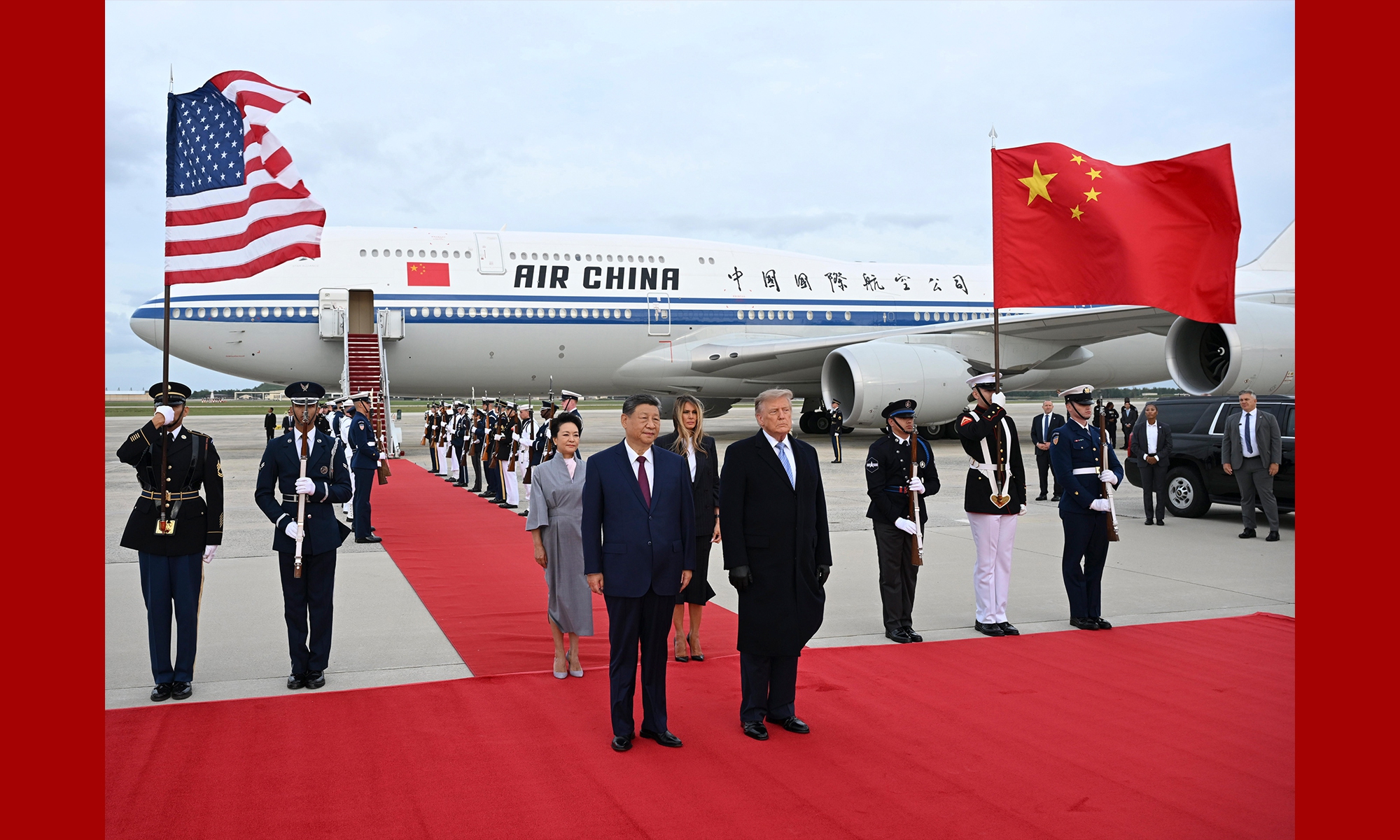Chinese President Xi Jinping arrives at Joint Base Andrews on September 23, 2026, for a state visit to the US at the invitation of US President Donald Trump. Xi and his wife, Peng Liyuan, were warmly greeted by Trump and his wife, Melania Trump, at the airport in a rare planeside welcome. Photo: Xinhua