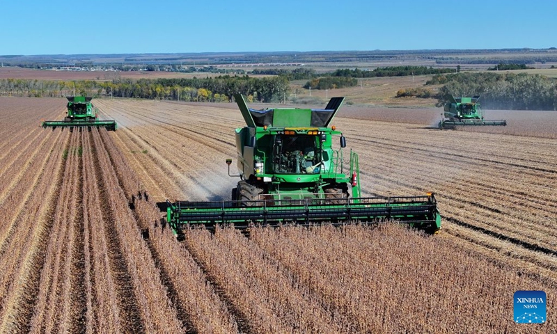 An aerial drone photo taken on Sept. 20, 2026 shows harvesters working in a soybean field of a farm under Beidahuang Group in northeast China's Heilongjiang Province. (Photo by Ren Baoji/Xinhua)