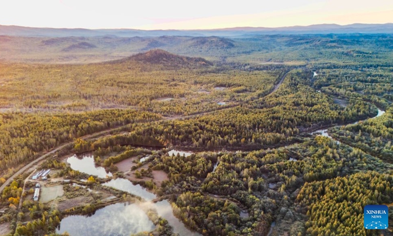 An aerial drone photo taken on Sept. 24, 2026 shows the autumn scenery of Tangwang County in Yichun, northeast China's Heilongjiang Province. Photo: Xinhua