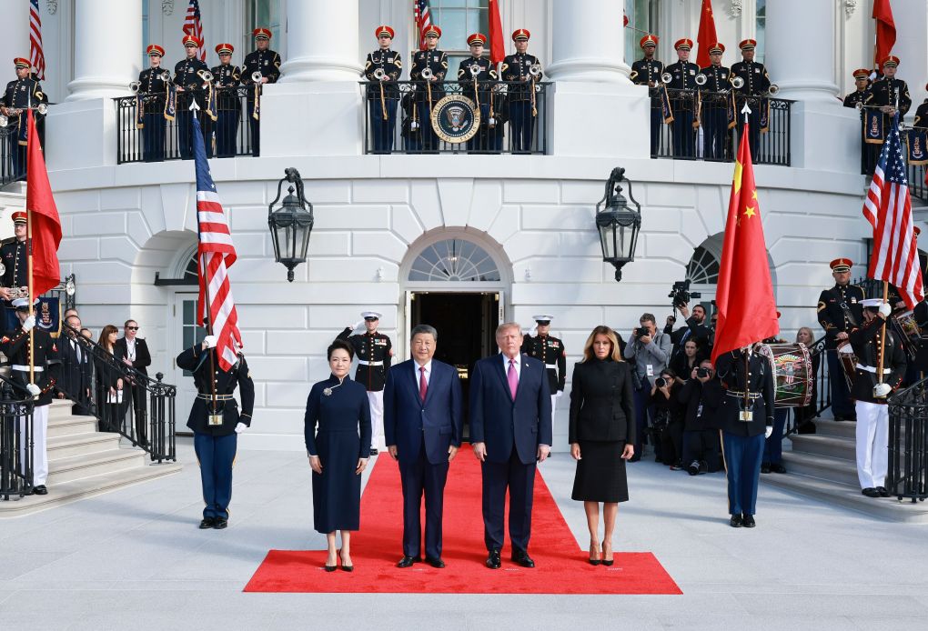 Chinese President Xi Jinping and his wife Peng Liyuan pose for a group photo with U.S. President Donald Trump and his wife Melania Trump during a welcome ceremony at the White House in Washington, D.C., the United States, Sept. 24, 2026. Trump held a welcome ceremony for Xi, who is on a state visit to the United States, at the White House on Thursday. (Xinhua/Wang Ye)