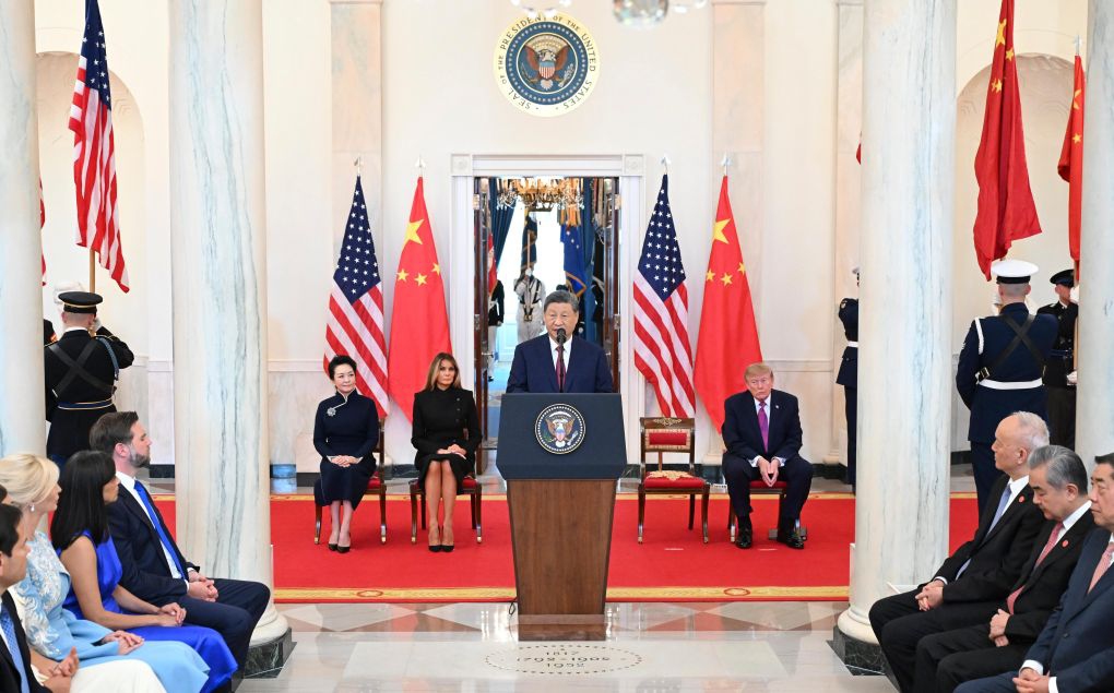 Chinese President Xi Jinping addresses a welcome ceremony held by U.S. President Donald Trump at the White House in Washington, D.C., the United States, Sept. 24, 2026. Trump held a welcome ceremony for Xi, who is on a state visit to the United States, at the White House on Thursday. (Xinhua/Li Xiang)