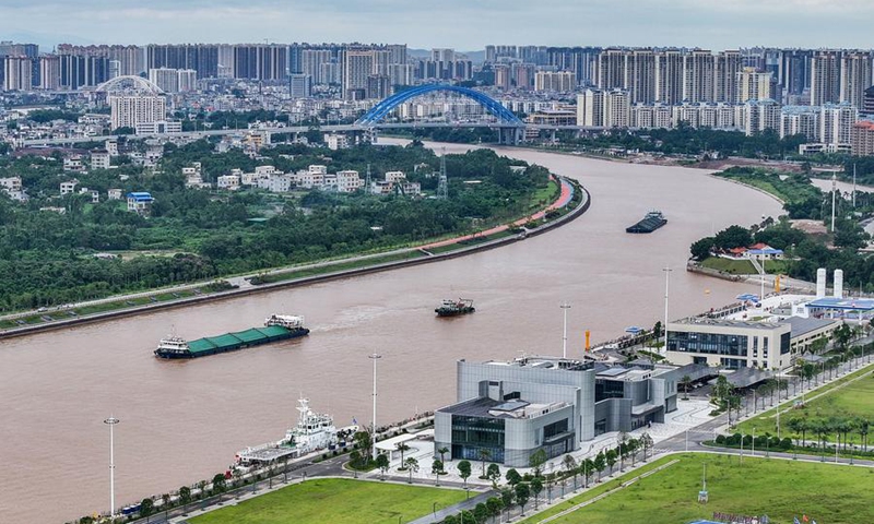 This photo taken on Sept. 4, 2026 shows vessels taking part in a comprehensive navigation drill on the Pinglu Canal in Qinzhou, south China's Guangxi Zhuang Autonomous Region. (Xinhua/Cao Yiming)