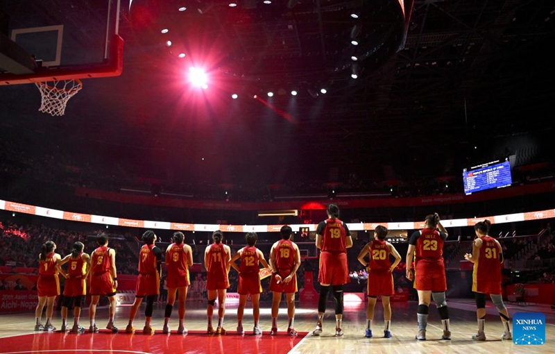 Players of China are seen before the women's bronze medal match between China and Chinese Taipei at the 20th Asian Games Aichi-Nagoya 2026 in Nagoya, Japan, Sept. 26, 2026. (Xinhua/Tao Xiyi)