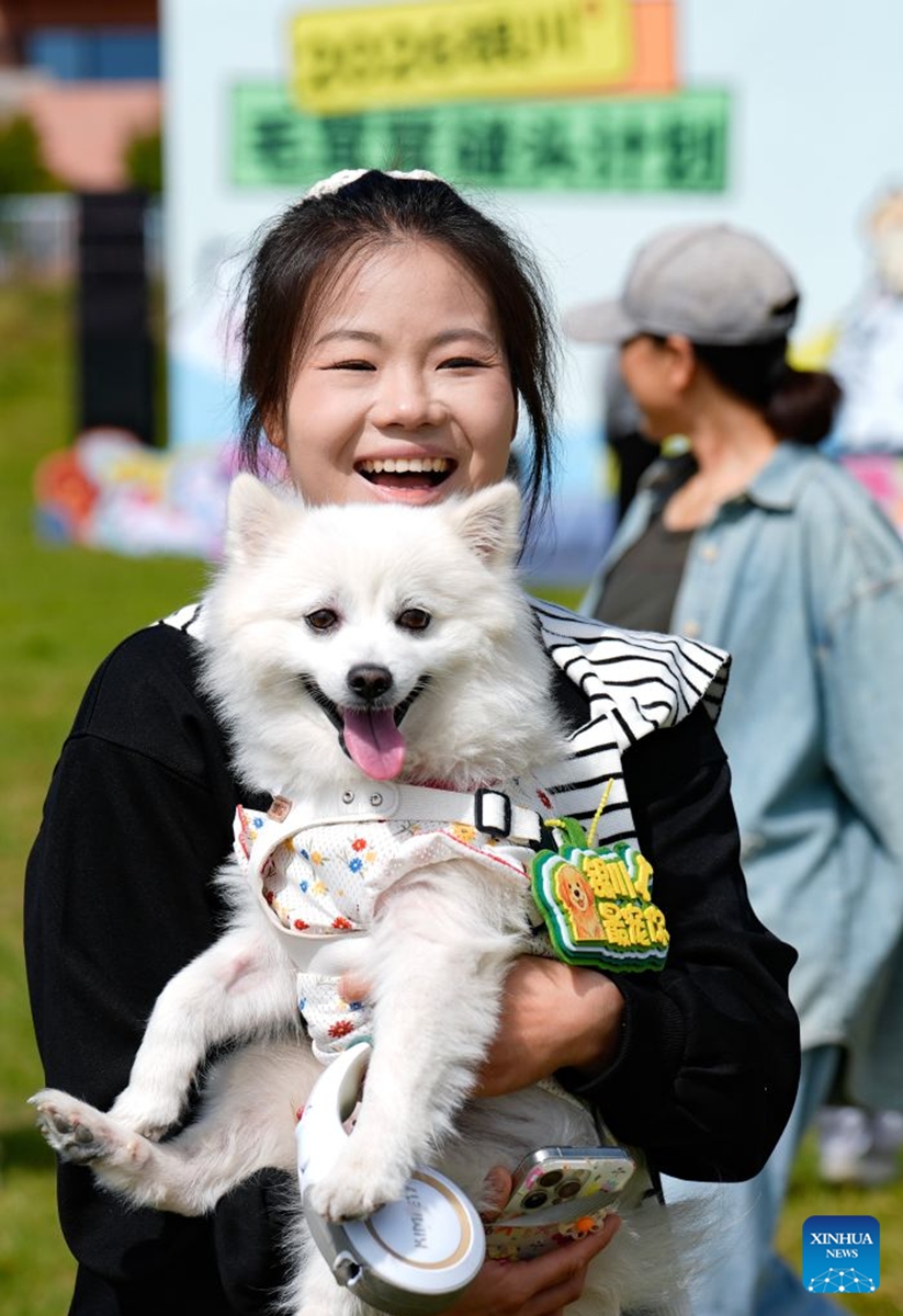 A woman poses for a photo with a pet dog during a pet-themed event held in Yinchuan, northwest China's Ningxia Hui Autonomous Region, Sept. 26, 2026. A pet-themed event was held here from Friday to Saturday. This event, aligning with emerging trends favored by young people, features pet competitions, trendy markets, and Mid-Autumn Festival cultural experiences. (Xinhua/Yang Zhisen)