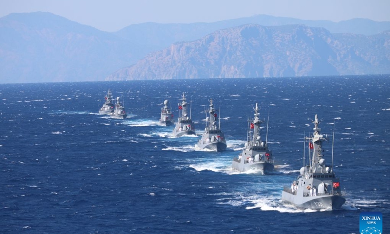 Ships are pictured during the Denizkurdu-I/2026 exercise in Mugla, Türkiye, on Sept. 24, 2026. The Denizkurdu-I/2026 exercise is being held from Sunday to Friday in the Black Sea, Marmara Sea, Aegean Sea and the Eastern Mediterranean. Approximately 14,000 personnel, 100 surface vessels and 50 aircraft participated in the exercise. (Mustafa Kaya/Handout via Xinhua)