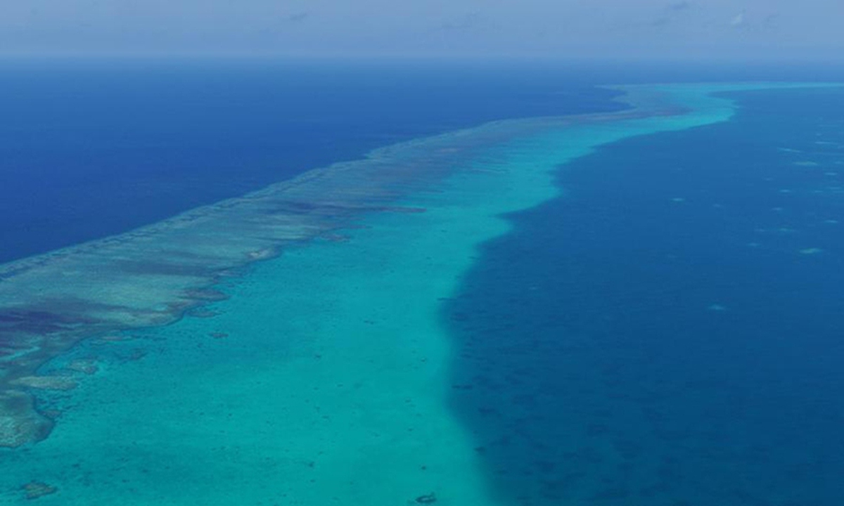 An aerial drone photo taken on May 2, 2026 shows reefs in the territorial waters of China's Huangyan Dao in the South China Sea. (Xinhua/Chen Bin)