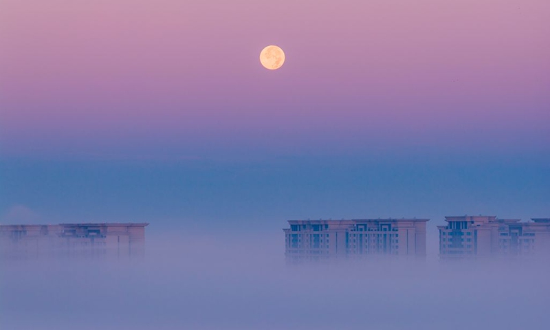 A drone photo taken on Sept. 27, 2026 shows the full moon in the sky over Zhaodong, northeast China's Heilongjiang Province. (Photo by Liu Dapeng/Xinhua)
