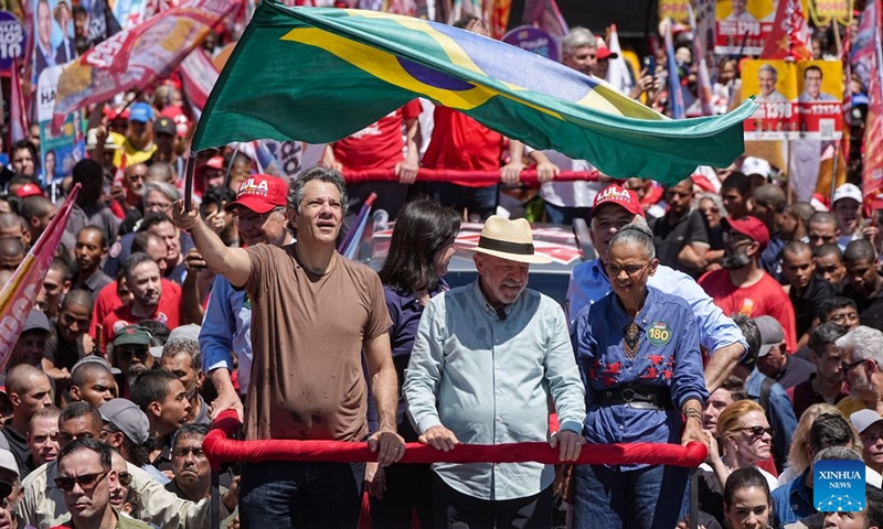 Brazilian President Luiz Inacio Lula da Silva (front C), presidential candidate of Brazil's ruling Workers' Party, attends a campaign rally in Sao Paulo, Brazil, Sept. 26, 2026. (Photo by Paulo Lopes/Xinhua)