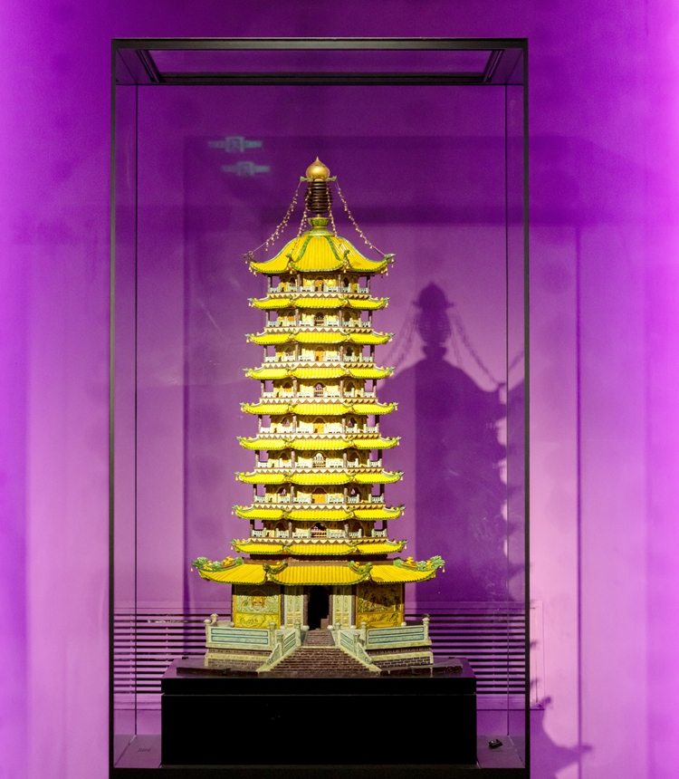 The wooden model of the Porcelain Tower of Nanjing on display at the Nanjing Grand Bao'en Temple Ruins Museum 