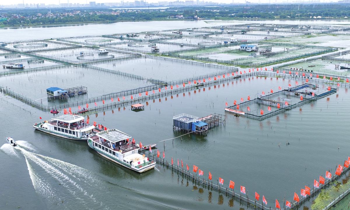 Crab boats cast their nets across the lake and traps are lifted at breeding ponds in Yangcheng Lake on September 28, 2026, in Suzhou, East China's Jiangsu Province. The 2026 Yangcheng Lake hairy crab fishing season officially opens, marking the start of this year's harvest. Photo: VCG