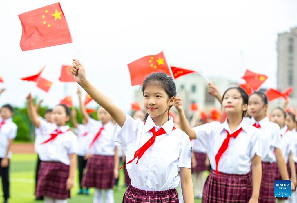 Pupils attend a gathering celebrating the upcoming National Day in Tongzhou District of Nantong, east China's Jiangsu Province, Sept. 29, 2026. Various events are held across China in celebration of the upcoming National Day. (Photo: Xinhua)