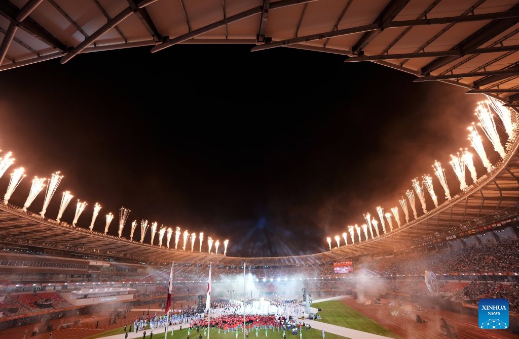 Fireworks explode during the closing ceremony of the 20th Asian Games Aichi-Nagoya 2026 in Nagoya, Japan, Oct. 4, 2026. (Photo: Xinhua)