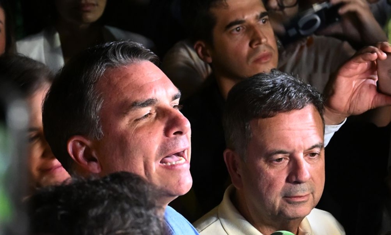 Flavio Bolsonaro, presidential candidate of Brazil's Liberal Party, speaks after the announcement of the first-round results of the presidential election in Brasilia, Brazil, Oct. 4, 2026.(Xinhua/Lucio Tavora)