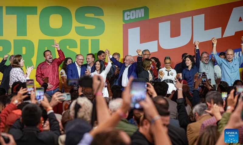 Brazilian incumbent President Luiz Inacio Lula da Silva, presidential candidate of Brazil's ruling Workers' Party, attends a press conference after the announcement of the first-round results of the presidential election in Sao Paulo, Brazil, Oct. 4, 2026.(Photo by Paulo Lopes/Xinhua)