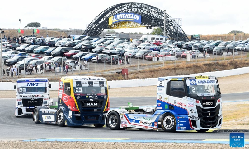 Participants compete during the FIA European Truck Racing Championship Grand Prix of Spain in Madrid, Spain, on Oct. 4, 2026. Photo: Xinhua