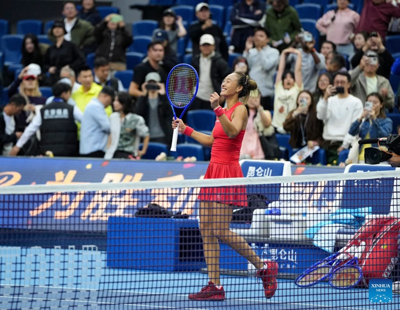 Zheng Qinwen of China celebrates victory after winning the women's singles round of 32 match against Marie Bouzkova of the Czech Republic at 2026 China Open tennis tournament in Beijing, China, Oct. 5, 2026. (Xinhua/Sun Fei)