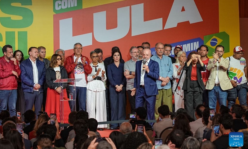 Brazilian incumbent President Luiz Inacio Lula da Silva, presidential candidate of Brazil's ruling Workers' Party, attends a press conference after the announcement of the first-round results of the presidential election in Sao Paulo, Brazil, Oct. 4, 2026.(Photo by Paulo Lopes/Xinhua)