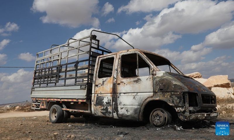 A vehicle burnt by Israeli settlers is seen in the town of al-Samu, south of Hebron in the West Bank, Oct. 6, 2026. Photo: Xinhua