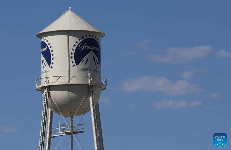 This photo taken on Oct. 6, 2026 shows the water tower at Paramount Pictures Studios in Los Angeles, California, the United States. Paramount Skydance completed its takeover of Warner Bros. Discovery on Tuesday, creating a sprawling company called Skydance that brings two century-old Hollywood studios, two global streaming services and two major U.S. news organizations under one corporate roof. (Photo by Zeng Hui/Xinhua)