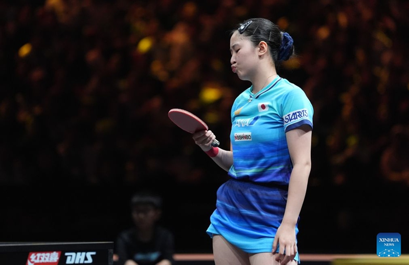Harimoto Miwa of Japan reacts during the women's singles round of 32 match against Su Tsz Tung of China's Hong Kong at 2025 World Table Tennis (WTT) China Smash in Beijing, China, Oct. 6, 2026. Photo: Xinhua