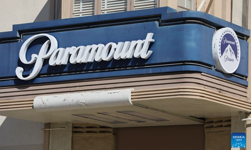 This photo taken on Oct. 6, 2026 shows a Paramount logo at Paramount Pictures Studios in Los Angeles, California, the United States. Paramount Skydance completed its takeover of Warner Bros. Discovery on Tuesday, creating a sprawling company called Skydance that brings two century-old Hollywood studios, two global streaming services and two major U.S. news organizations under one corporate roof. (Photo by Zeng Hui/Xinhua)