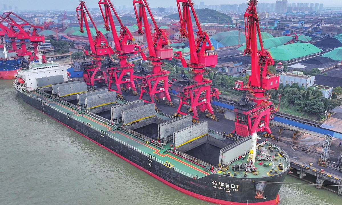 Thermal coal transfer operations are in full swing at Zhangjiagang Port Group's coal terminal in East China's Jiangsu Province on October 12, 2026. The terminal has opened a