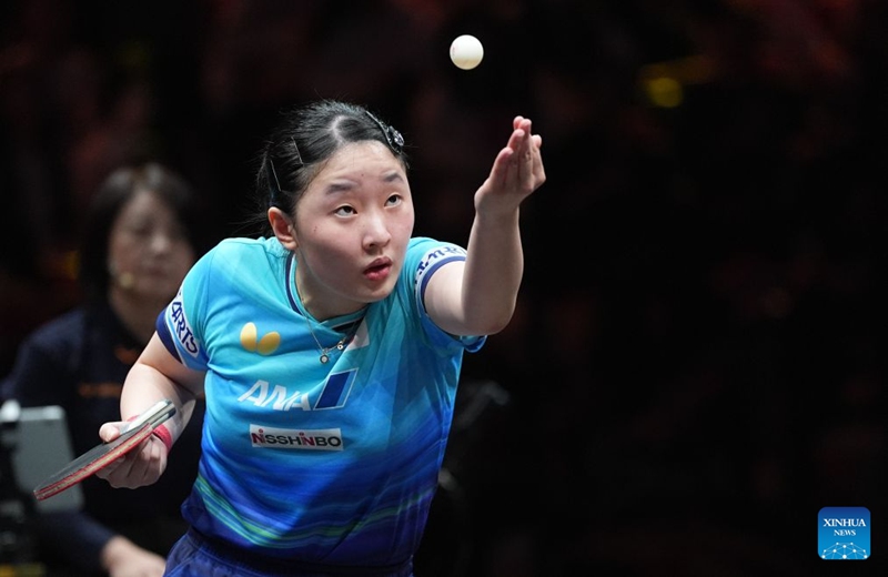 Harimoto Miwa of Japan hits a return to Su Tsz Tung of China's Hong Kong during the women's singles round of 32 match at 2025 World Table Tennis (WTT) China Smash in Beijing, China, Oct. 6, 2026. Photo: Xinhua