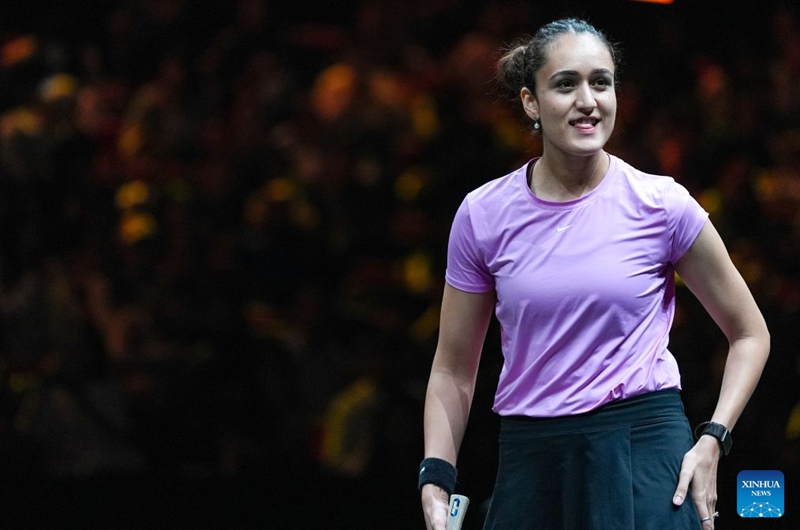 Manika Batra of India reacts during the women's singles round of 32 match against Wang Manyu of China at 2025 World Table Tennis (WTT) China Smash in Beijing, China, Oct. 6, 2026. Photo: Xinhua