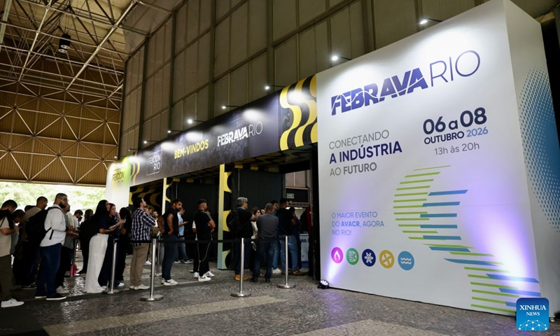 Visitors line up to enter the venue of FEBRAVA Rio at the Riocentro convention and event center in Rio de Janeiro, Brazil, Oct. 6, 2026. The three-day FEBRAVA Rio (Portuguese short for International Fair of Refrigeration, Air Conditioning, Ventilation, Heating, Air and Water Treatment) kicked off here on Tuesday. Some Chinese brands showcased their latest products during the fair, drawing great attention from visitors. Photo: Xinhua