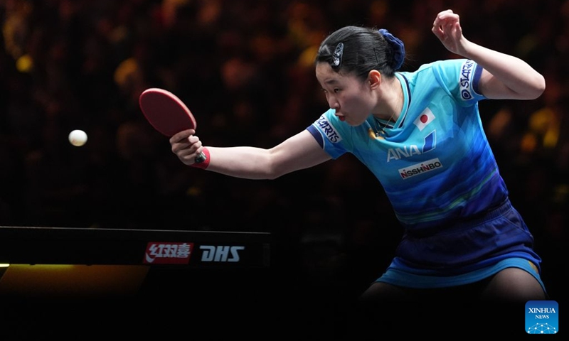 Harimoto Miwa of Japan hits a return to Su Tsz Tung of China's Hong Kong during the women's singles round of 32 match at 2025 World Table Tennis (WTT) China Smash in Beijing, China, Oct. 6, 2026. Photo: Xinhua