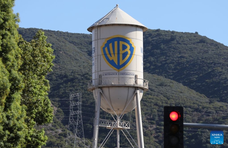 This photo taken on Oct. 6, 2026 shows the water tower at Warner Bros. studio in Burbank, Los Angeles County, California, the United States. Paramount Skydance completed its takeover of Warner Bros. Discovery on Tuesday, creating a sprawling company called Skydance that brings two century-old Hollywood studios, two global streaming services and two major U.S. news organizations under one corporate roof. (Photo by Zeng Hui/Xinhua)