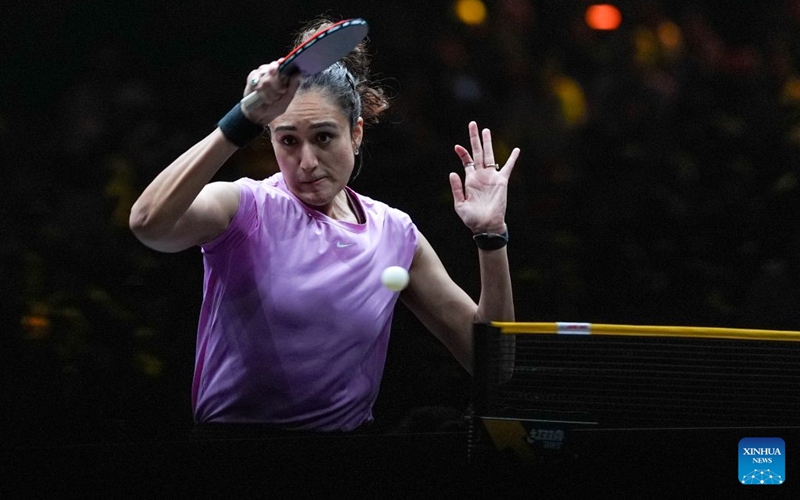 Manika Batra of India hits a return during the women's singles round of 32 match against Wang Manyu of China at 2025 World Table Tennis (WTT) China Smash in Beijing, China, Oct. 6, 2026. Photo: Xinhua