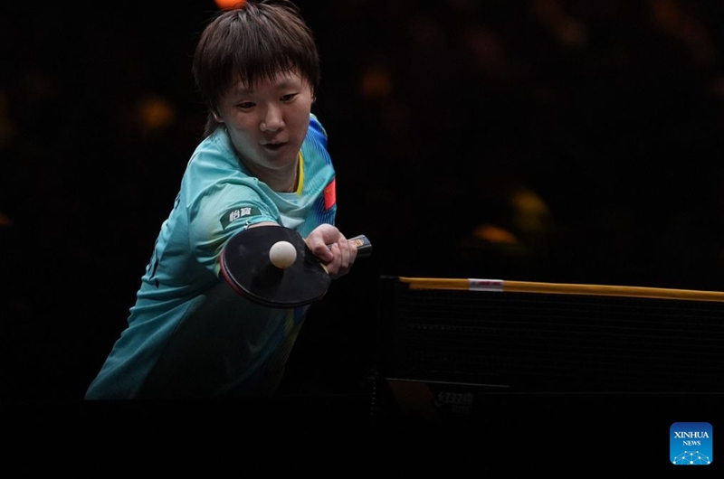 Wang Manyu of China hits a return during the women's singles round of 32 match against Manika Batra of India at 2025 World Table Tennis (WTT) China Smash in Beijing, China, Oct. 6, 2026. Photo: Xinhua