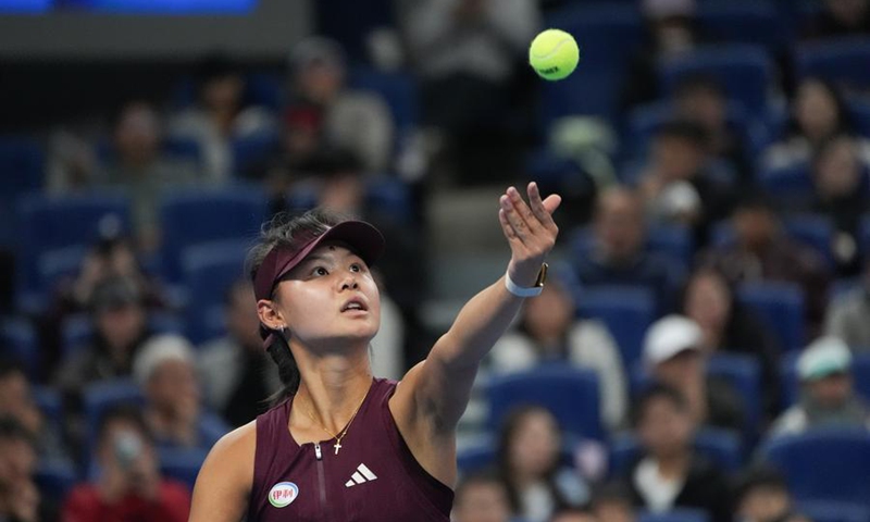 Sun Xinran of China serves to Coco Gauff of the United States during the women's singles round of 32 match at 2026 China Open tennis tournament in Beijing, China, Oct. 5, 2026. (Xinhua/Xie Han)