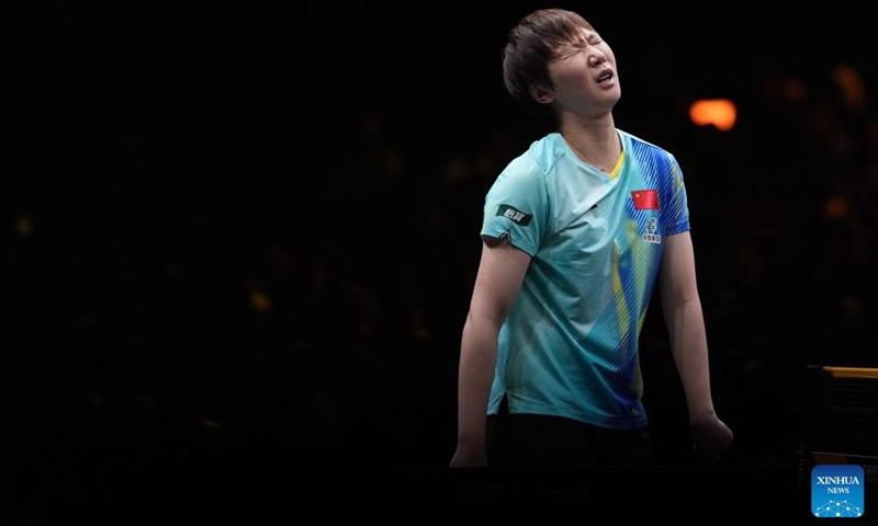 Wang Manyu of China reacts during the women's singles round of 32 match against Manika Batra of India at 2025 World Table Tennis (WTT) China Smash in Beijing, China, Oct. 6, 2026. Photo: Xinhua
