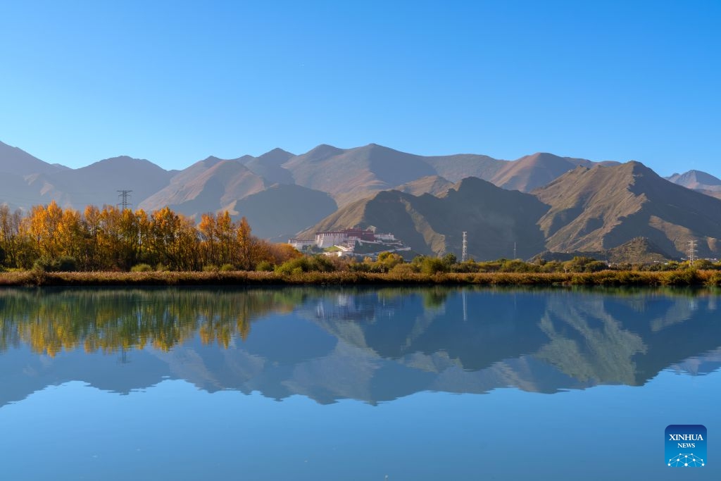 This photo taken on Oct. 6, 2026 shows the Lhalu wetland and the Potala Palace in distance in Lhasa, southwest China's Xizang Autonomous Region. Lhalu Wetland National Nature Reserve, known as the Lung of Lhasa, features a vibrant and thriving ecological landscape in autumn. (Xinhua/Tenzing Nima Qadhup)