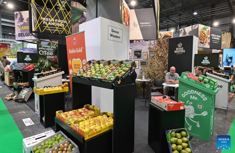 People gather at the stand of Belgium at the IFEMA Madrid convention center for commercial negotiations at Fruit Attraction in Madrid, Spain, Oct. 6, 2026. Fruit Attraction is scheduled to take place from Oct. 6 to Oct. 8 in Madrid. Photo: Xinhua