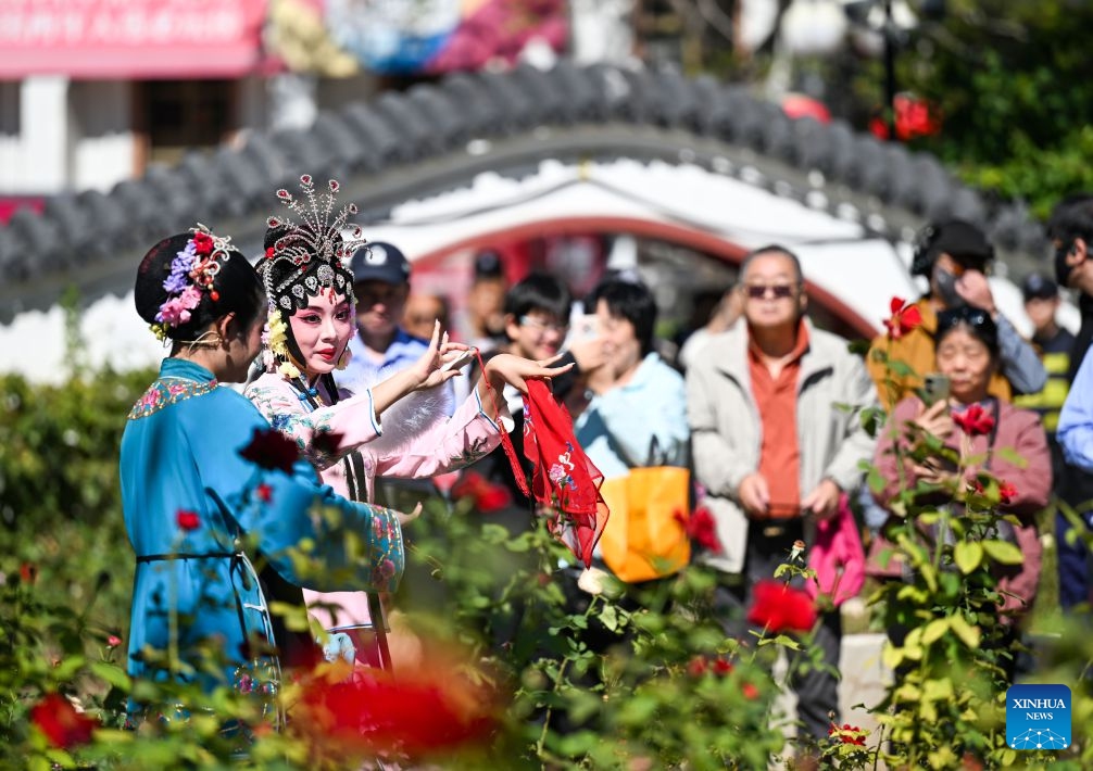 A traditional opera is staged at a park in north China's Tianjin, Oct. 6, 2026. During the National Day holiday, a special event of the 2026 Tianjin Theatre Festival unfolded across the city. Streets and alleys, century-old buildings and other cultural landmarks were transformed into open-air stages, presenting visitors with a feast of drama. (Xinhua/Zhao Zishuo)