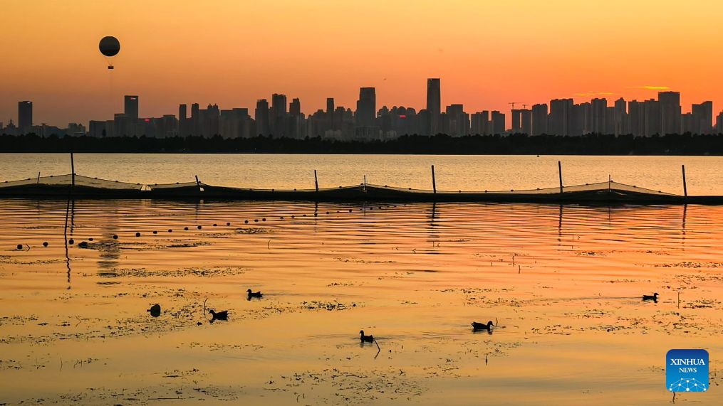 This photo taken with a mobile phone on Oct. 5, 2026 shows the East Lake at sunset in Wuhan, central China's Hubei Province. (Xinhua/Shen Hongbing)